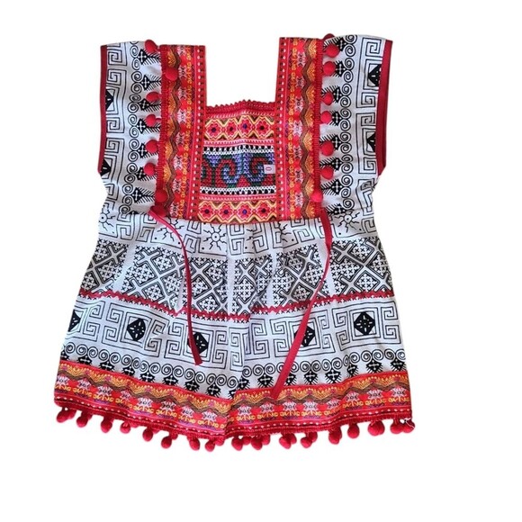 Thai Hmong Embroidered Tribal Print Bohemian Pom Pom Dress Youth Sz 2T NWOT - Picture 7 of 12